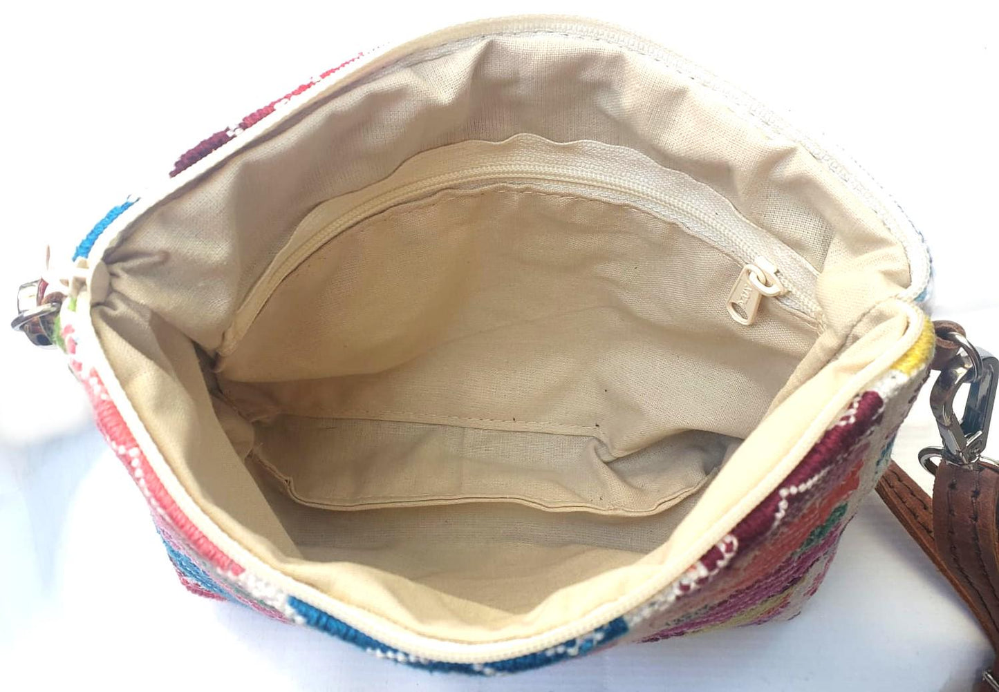 Guatemalan Upcycled HUIPIL Double Sided Bag, Leather Crossbody COSMETIC PURSE