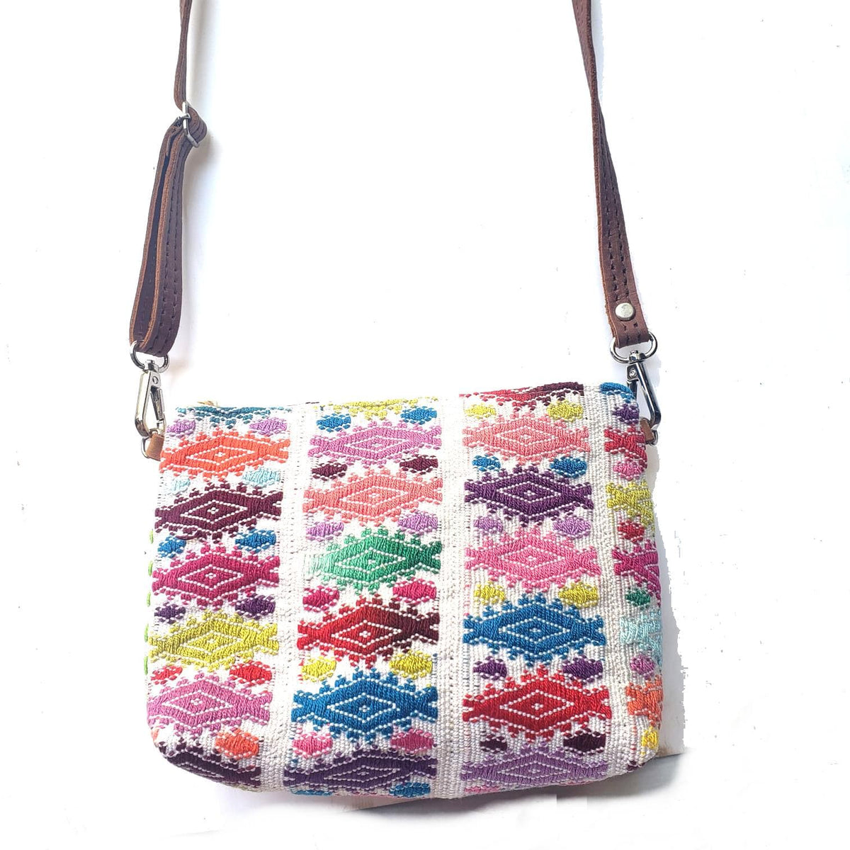 Guatemalan Upcycled HUIPIL Double Sided Bag, Leather Crossbody COSMETIC PURSE