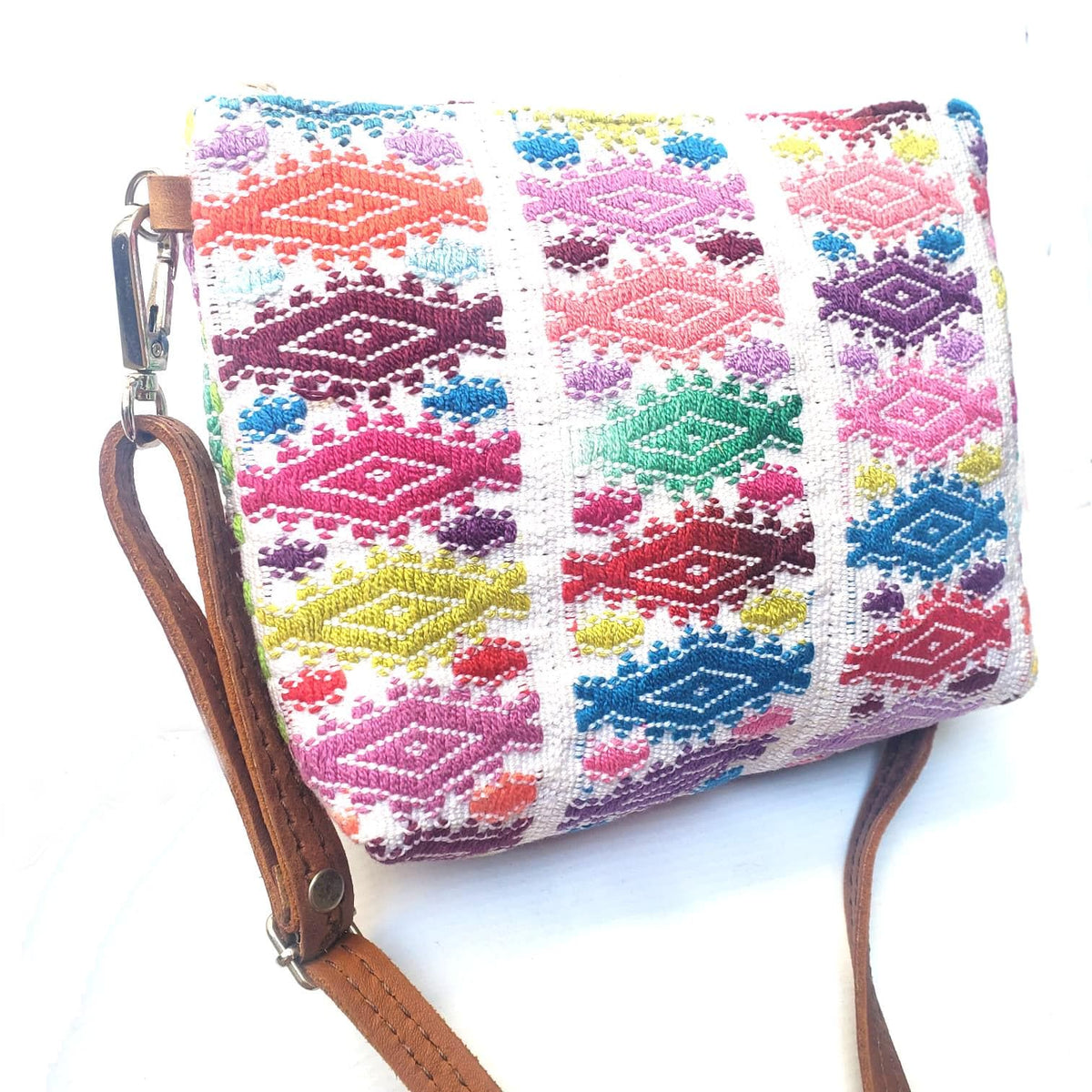 Guatemalan Upcycled HUIPIL Double Sided Bag, Leather Crossbody COSMETIC PURSE