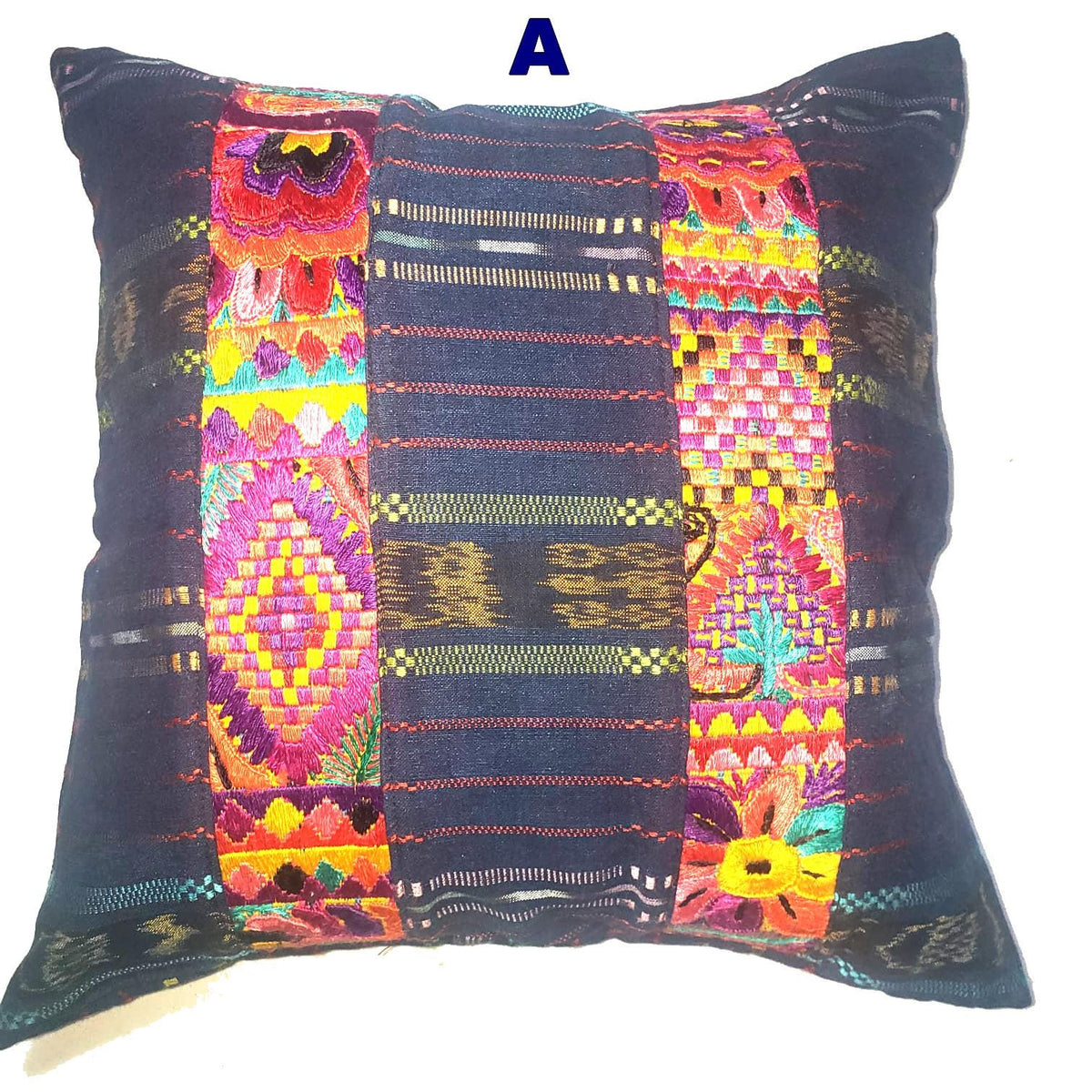 Guatemalan Hand-Embroidery - Floral- Pillow Case Cushion Cover 18x18 Indigo Red color