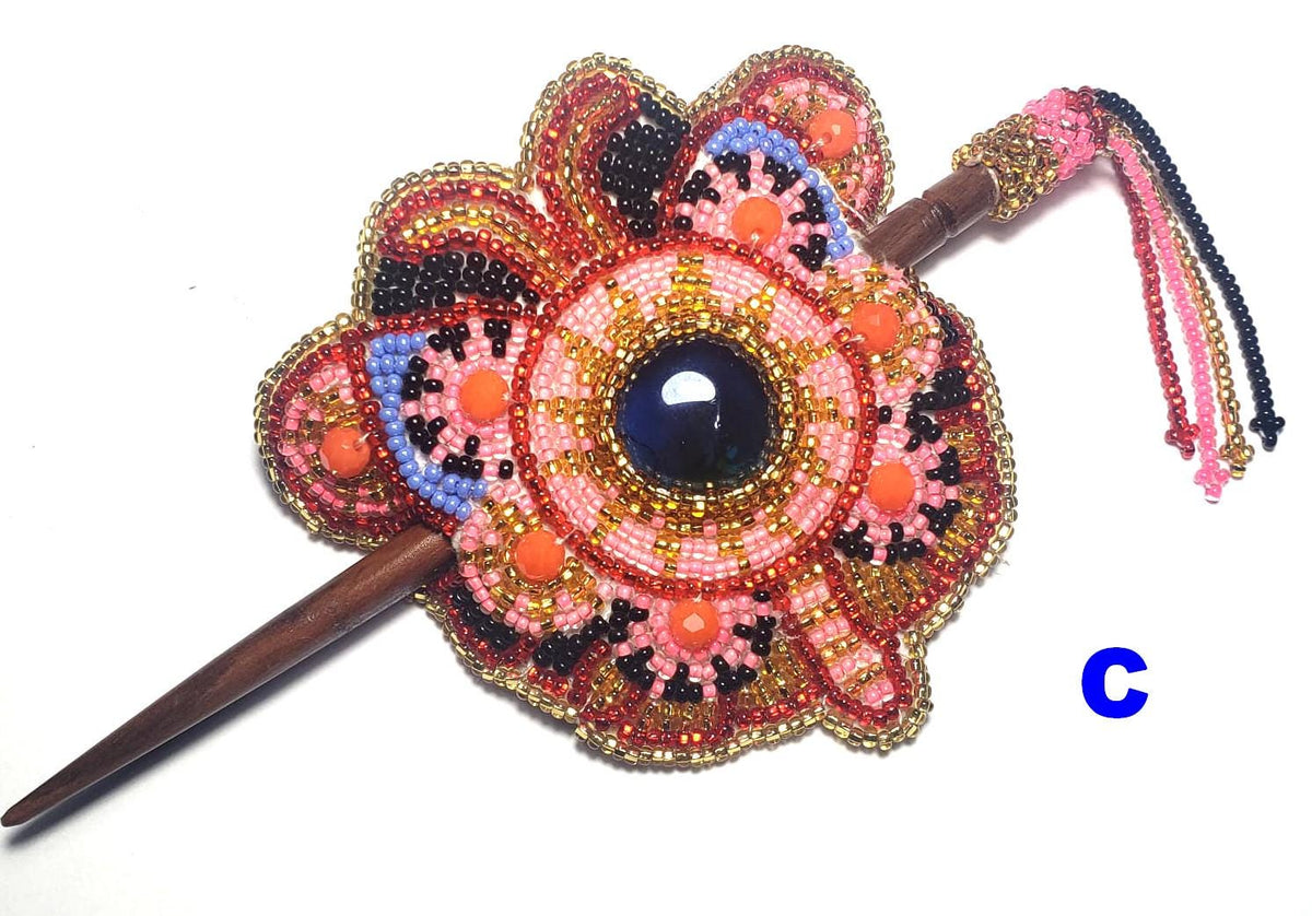 Czech Seed Bead Hair Clip Barrette: Guatemalan Leather & Wood