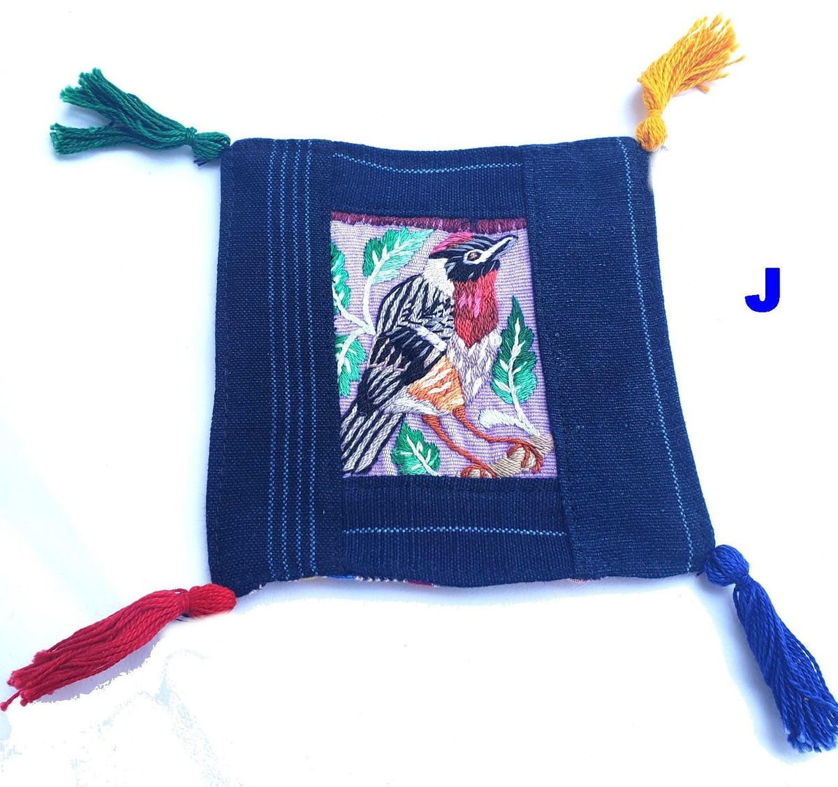 13x13 Cm Hand Embroidered COTTON Textile GUATEMALAN Birds COASTER - Pretty Ornament Square Coaster