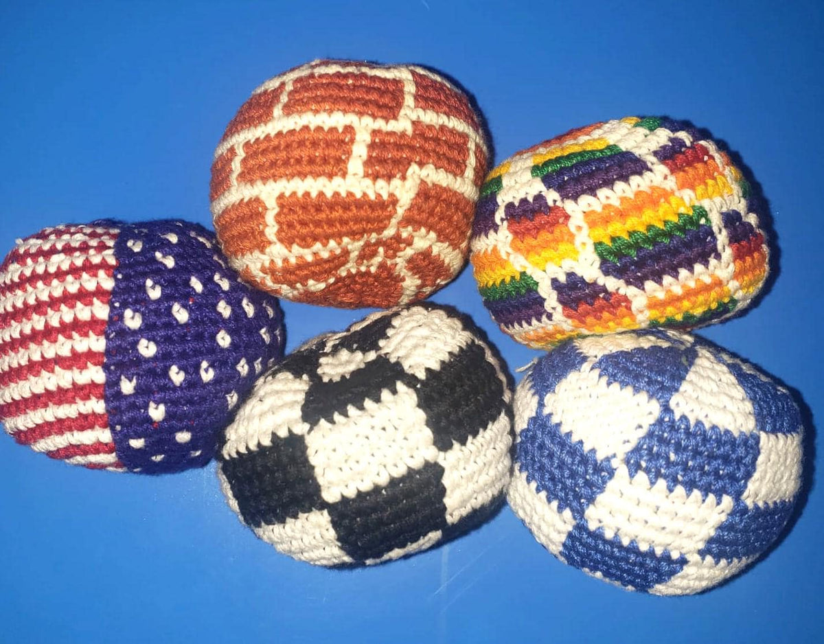 Guatemala Stress Relief Crocheted Cotton Hacky SACKS, Foot Ball Pattern JUGGLING BALLS 95% Filled