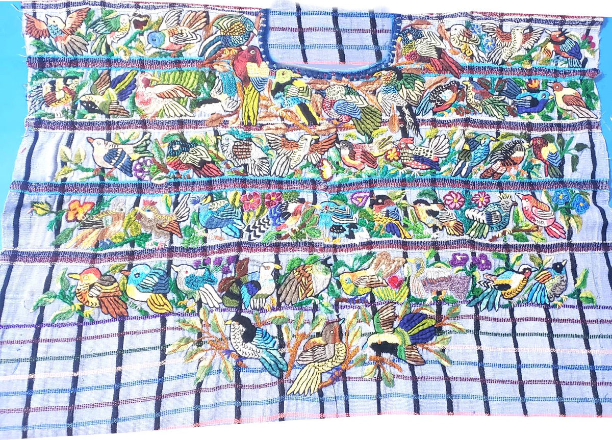 Handmade Purple EMBROIDERED Guatemalan Santiago Atitlan COTTON WALL "Mayan Bird Family" Tapestry