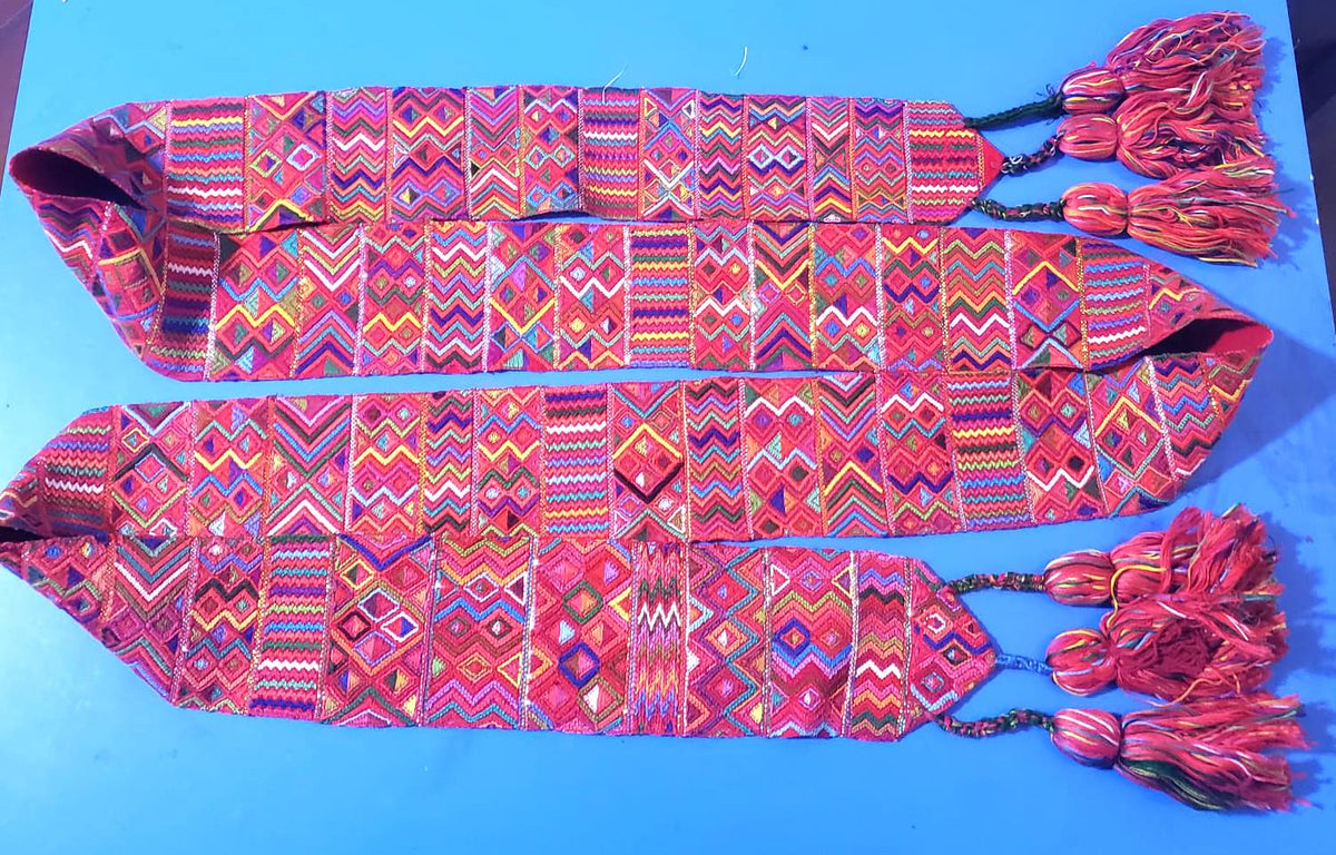 Vintage Red / Green Unique Guatemala Handmade WEAVED Cotton SASH CINTA from Aguacatan