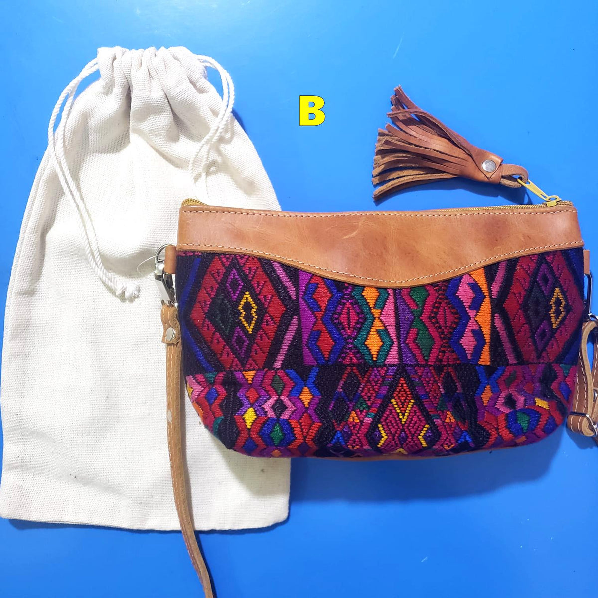 Guatemalan Leather Huipil Wristlet Clutch: Fair Trade Crossbody Purse