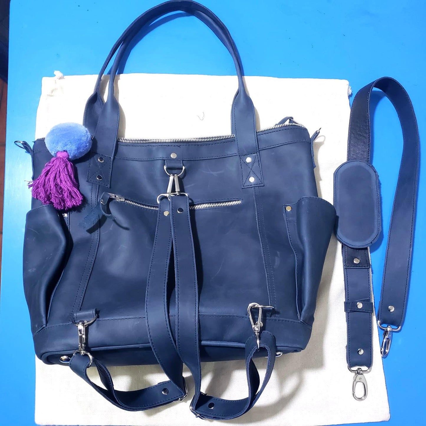Convertible Backpack Crossbody Day Bag, Diaper Genuine Marbled BLUE Leather Color, Gift For Her