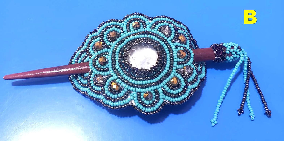 Czech Seed Bead Hair Clip Barrette: Guatemalan Leather & Wood