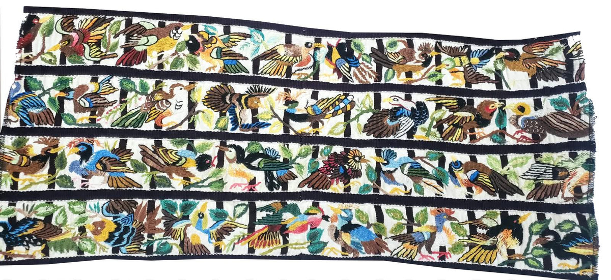 Handmade White EMBROIDERED Guatemalan Santiago Atitlan COTTON WALL "Mayan Bird Family" Tapestry