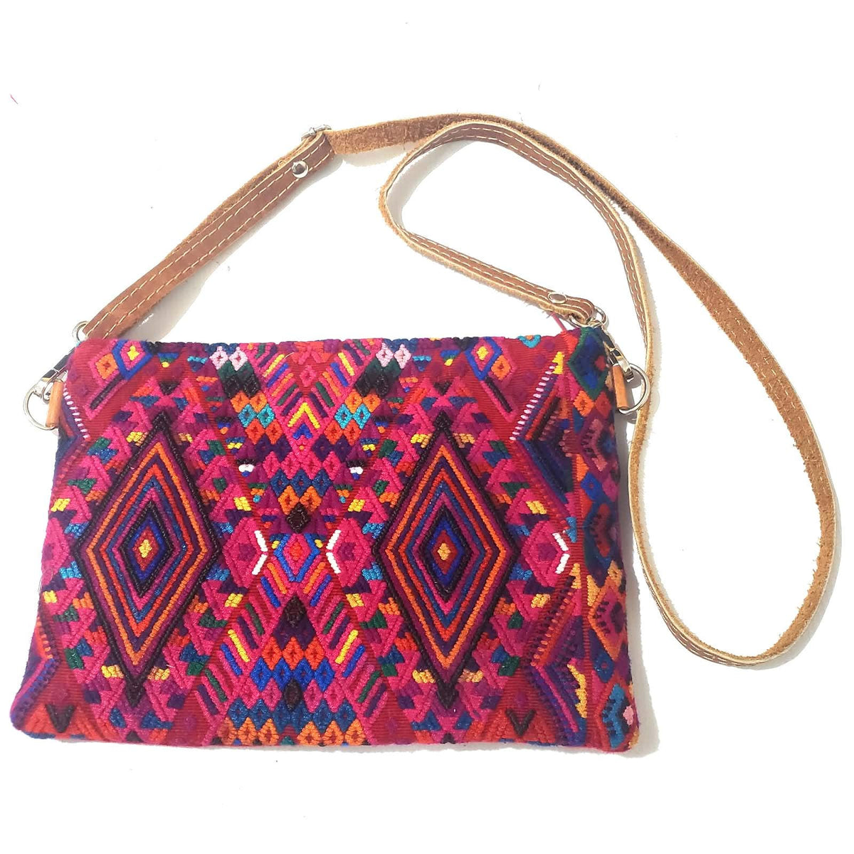 Guatemalan Leather Huipil Crossbody Clutch: Mayan Woven Purse