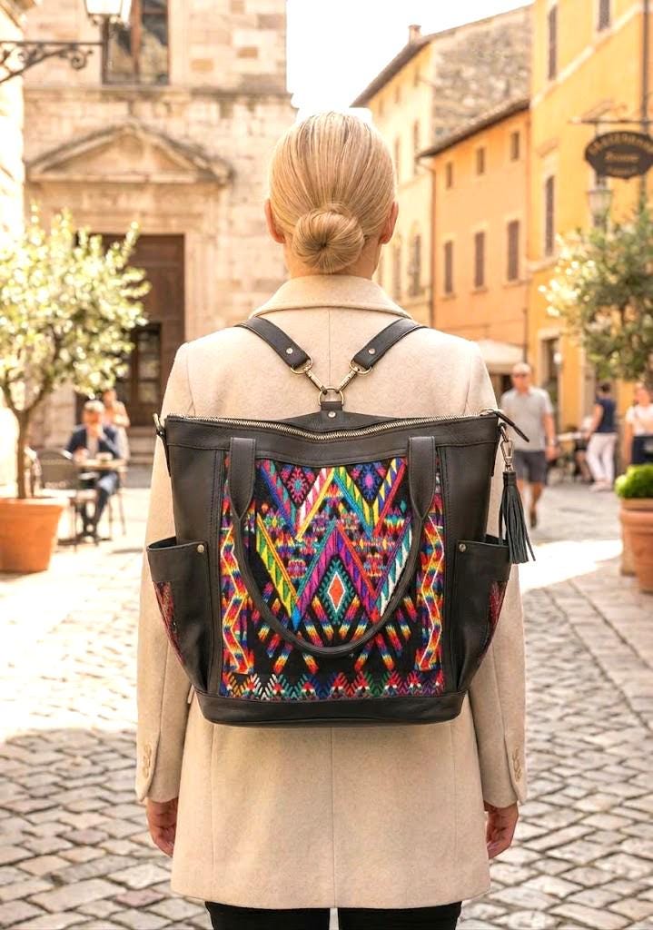 Huipil Leather Convertible Backpack, Leather Crossbody Bag, Guatemalan Leather Purse, Artisan Leather Diaper Bag, Boho Leather Weekender