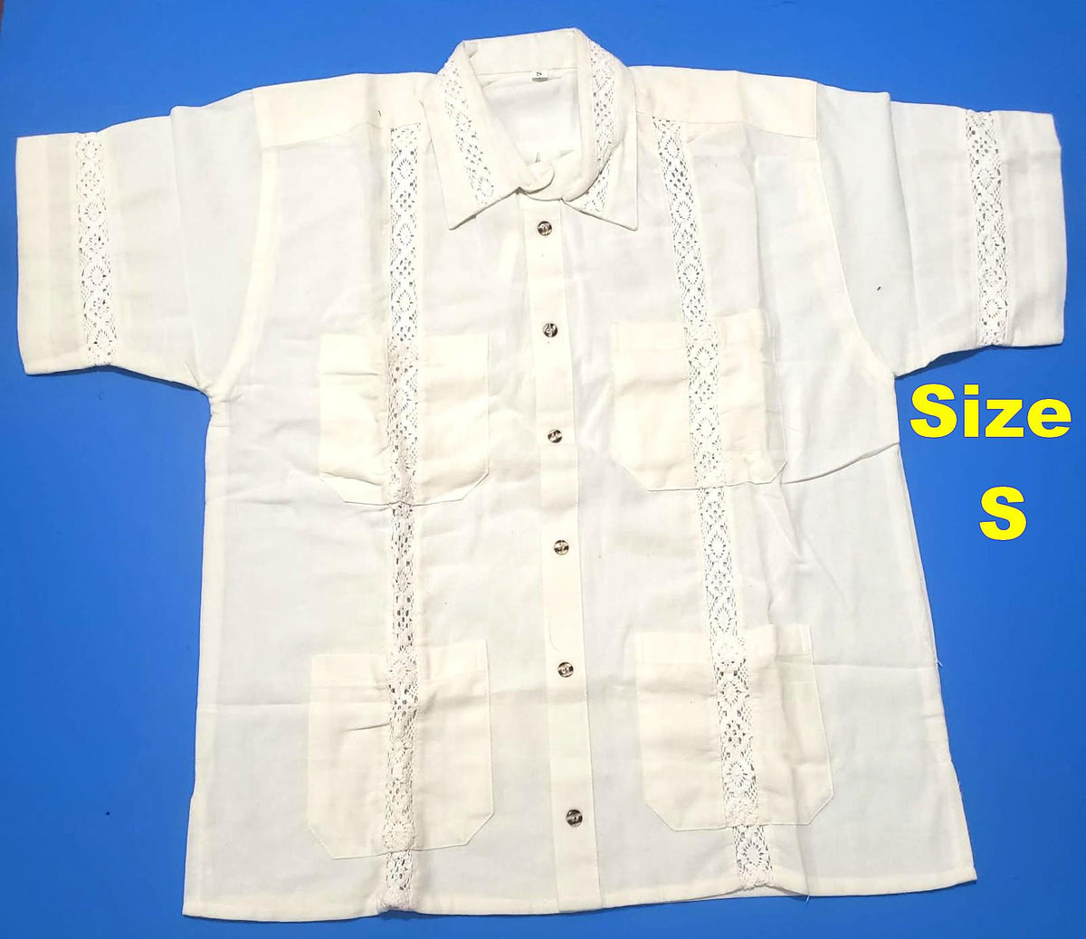 Vintage Off-White Lace-Trim Guayabera Shirt - Cuban Wedding Shirt for Men, Summer Casual - Size Small