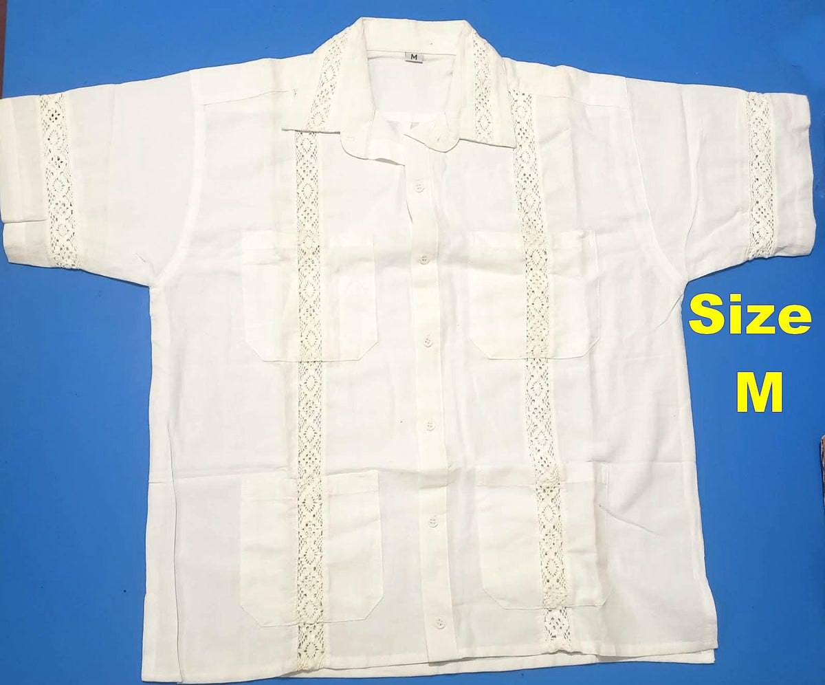 Vintage Off-White Lace-Trim Guayabera Shirt - Cuban Wedding Shirt for Men, Summer Casual - Size Small
