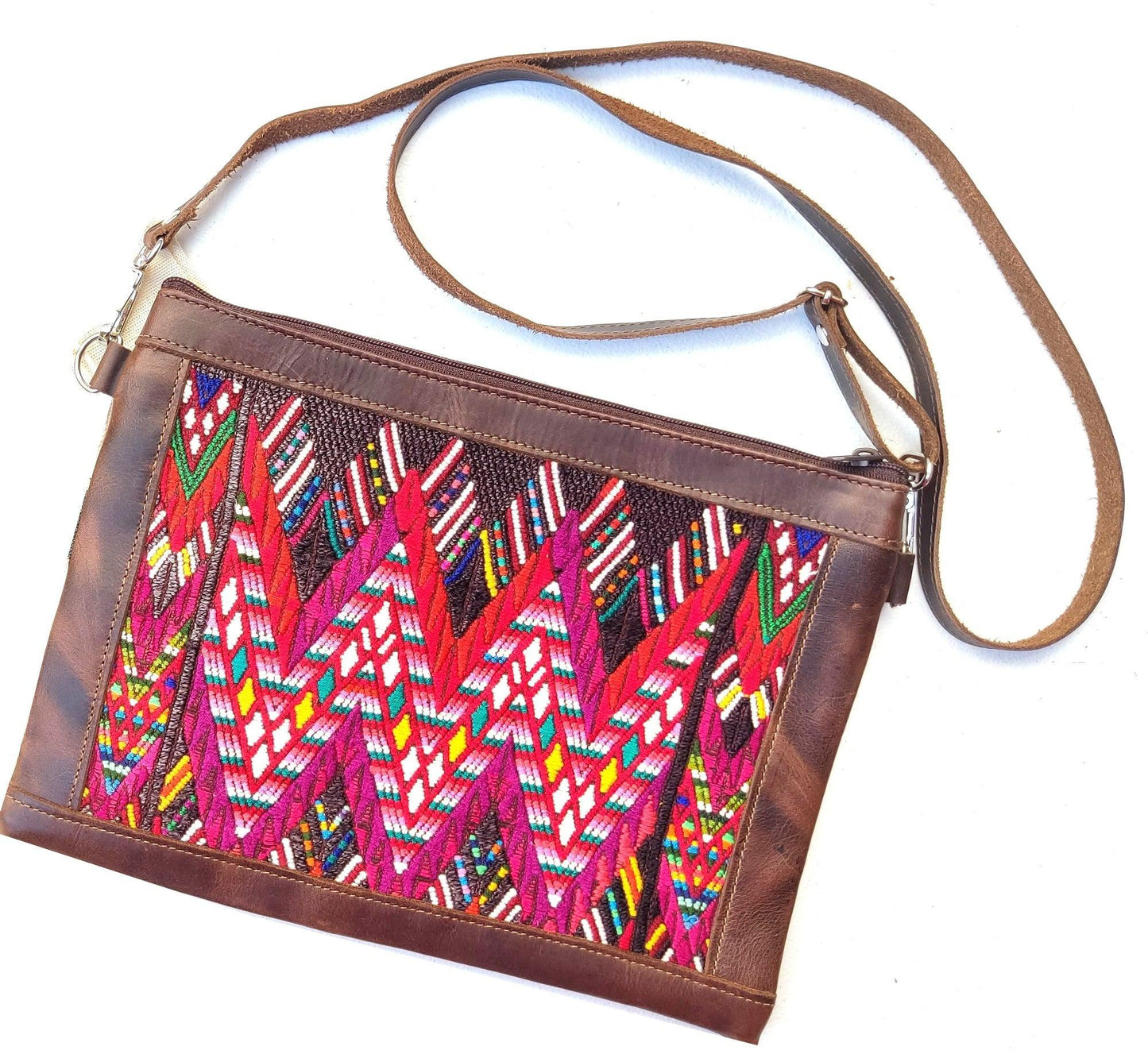 Aesthetic Woman Guatemalan Leather Huipil CROSSBODY Wristlet CLUTCH PURSE - 100% Cotton Lining Purse