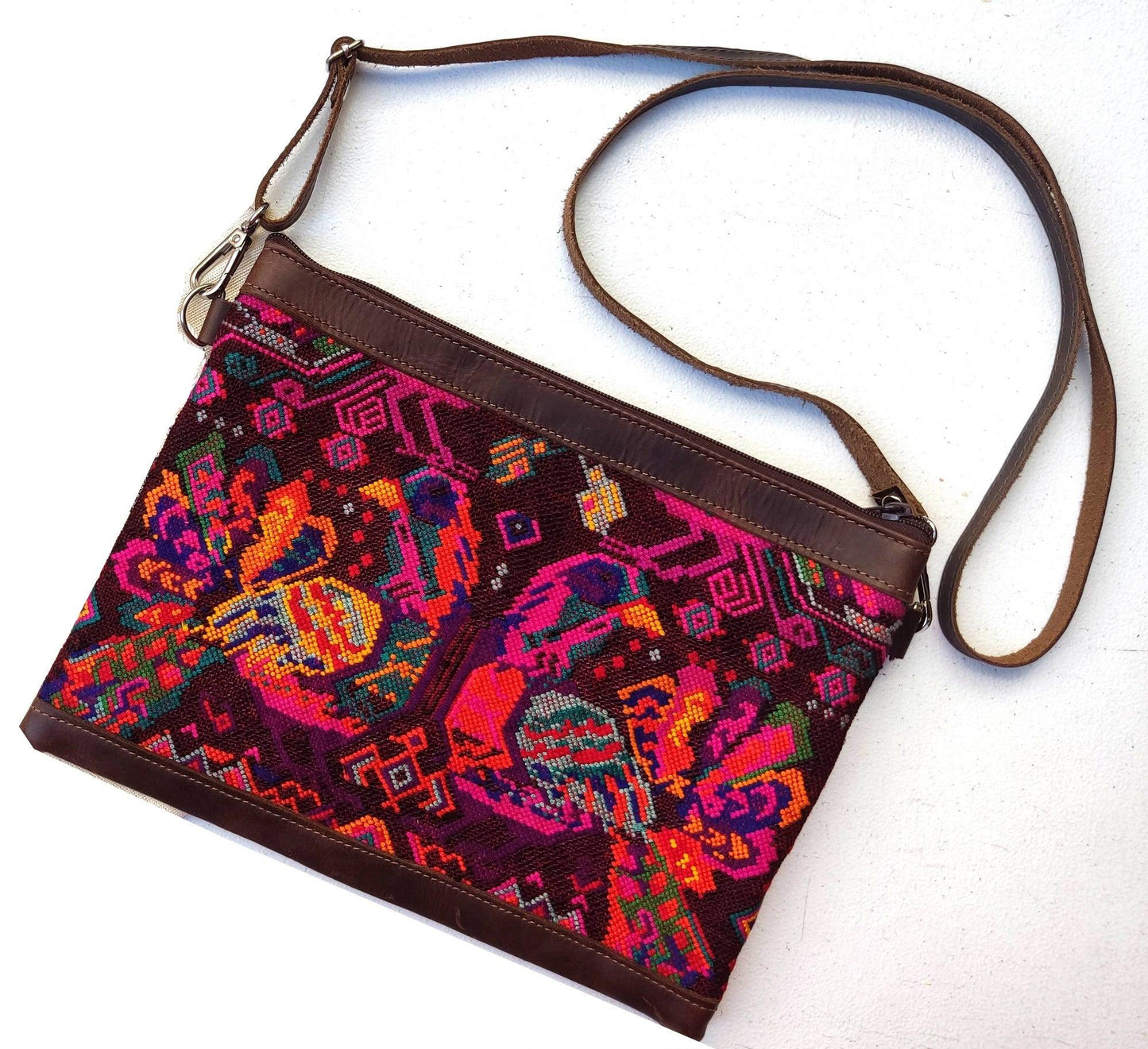 Aesthetic Woman Guatemalan Leather Huipil CROSSBODY Wristlet CLUTCH PURSE - 100% Cotton Lining Purse