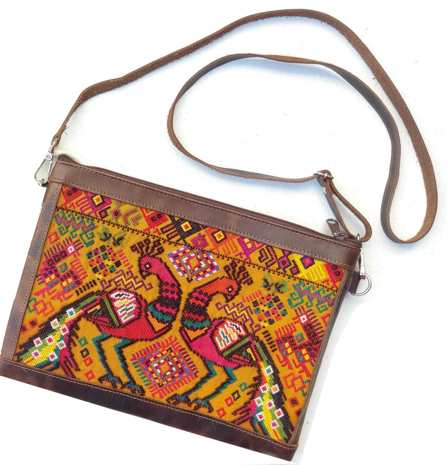 Aesthetic Woman Guatemalan Leather Huipil CROSSBODY Wristlet CLUTCH PURSE - 100% Cotton Lining Purse