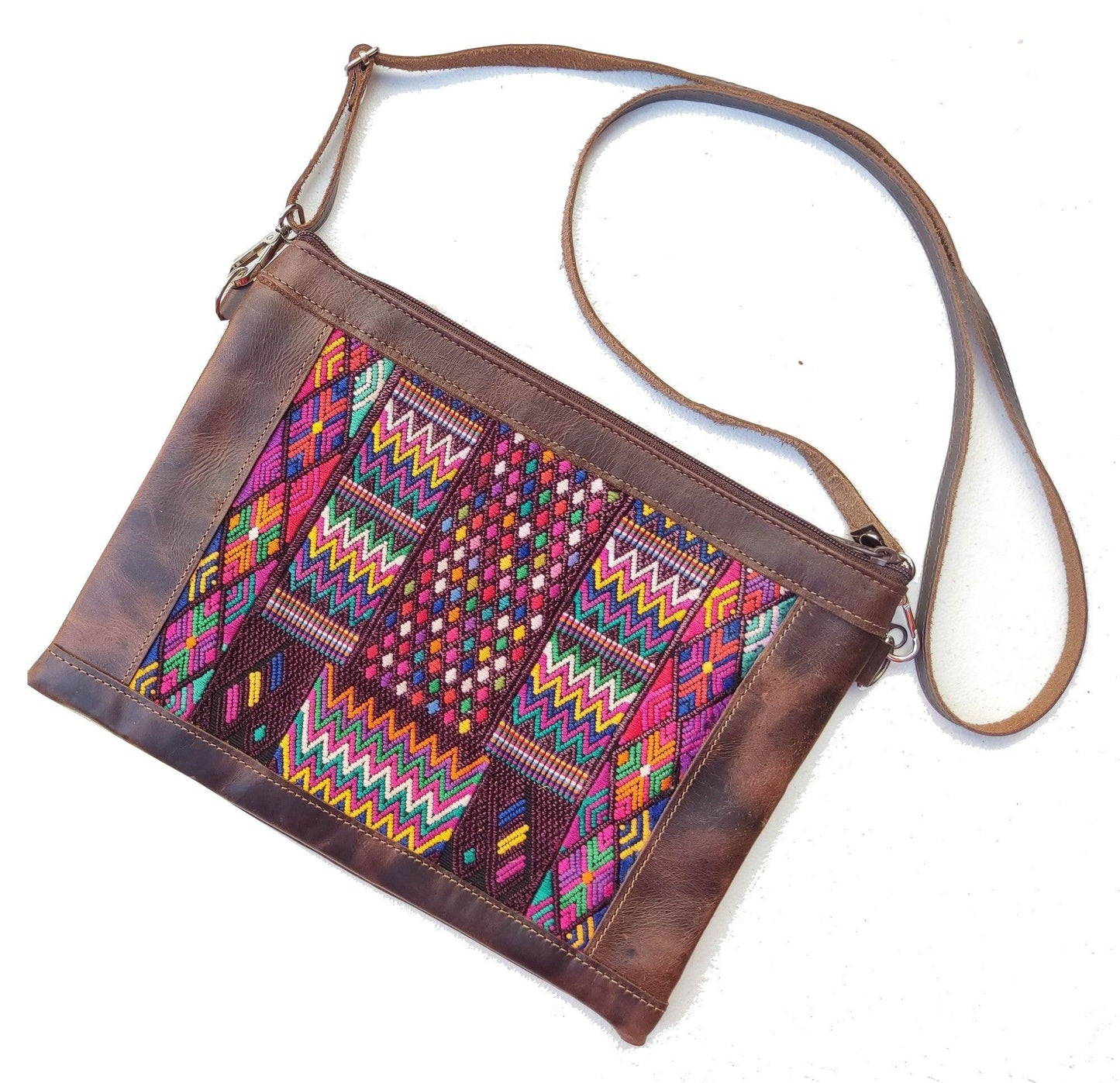 Aesthetic Woman Guatemalan Leather Huipil CROSSBODY Wristlet CLUTCH PURSE - 100% Cotton Lining Purse