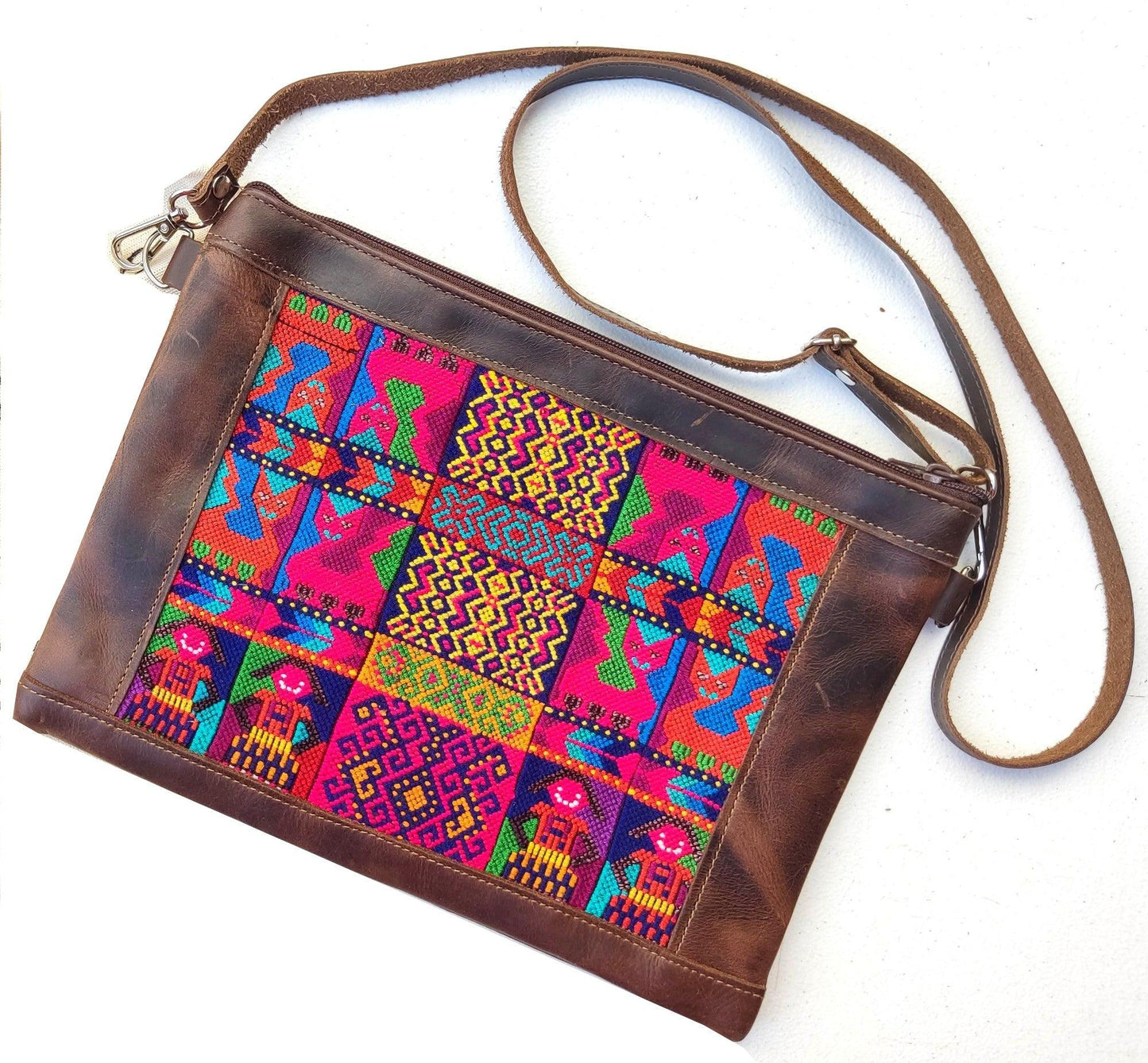 Aesthetic Woman Guatemalan Leather Huipil CROSSBODY Wristlet CLUTCH PURSE - 100% Cotton Lining Purse