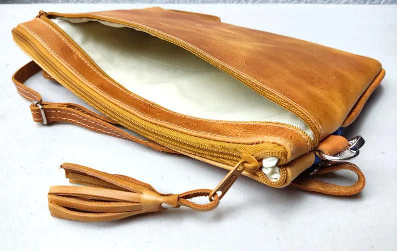Aesthetic Woman Guatemalan Leather Huipil CROSSBODY Wristlet CLUTCH PURSE - 100% Cotton Lining Purse