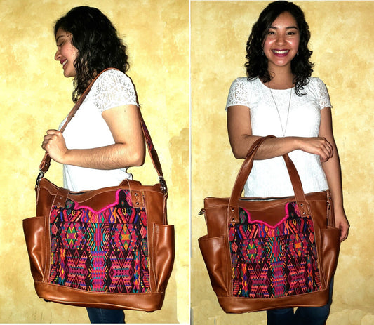 Custom Huipil Pattern Brown Genuine LEATHER CONVERTIBLE BACKPACK Bag - Aesthetic Full Grain Leather Handles cross body And Handbags