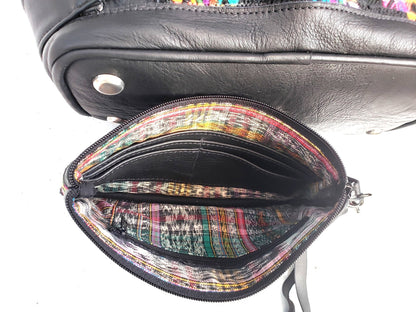 Matching set Convertible backpack crossbody day bag diaper wristlet purse strap genuine soft black leather huipil detail