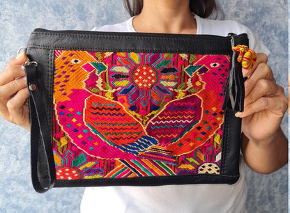 Aesthetic Woman Guatemalan Leather Huipil CROSSBODY Wristlet CLUTCH PURSE - 100% Cotton Lining Purse