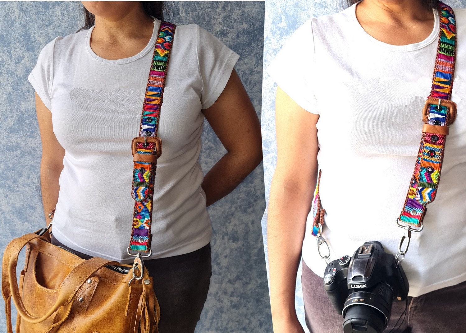 Guatemalan handmade braided authentic leather weaved silk camera/bag strap