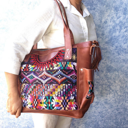 Custom Huipil Pattern Tan Genuine LEATHER CONVERTIBLE BACKPACK Bag - Aesthetic Full Grain Leather Handles cross body And Handbags