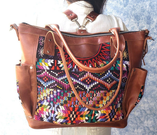 Custom Huipil Pattern Tan Genuine LEATHER CONVERTIBLE BACKPACK Bag - Aesthetic Full Grain Leather Handles cross body And Handbags