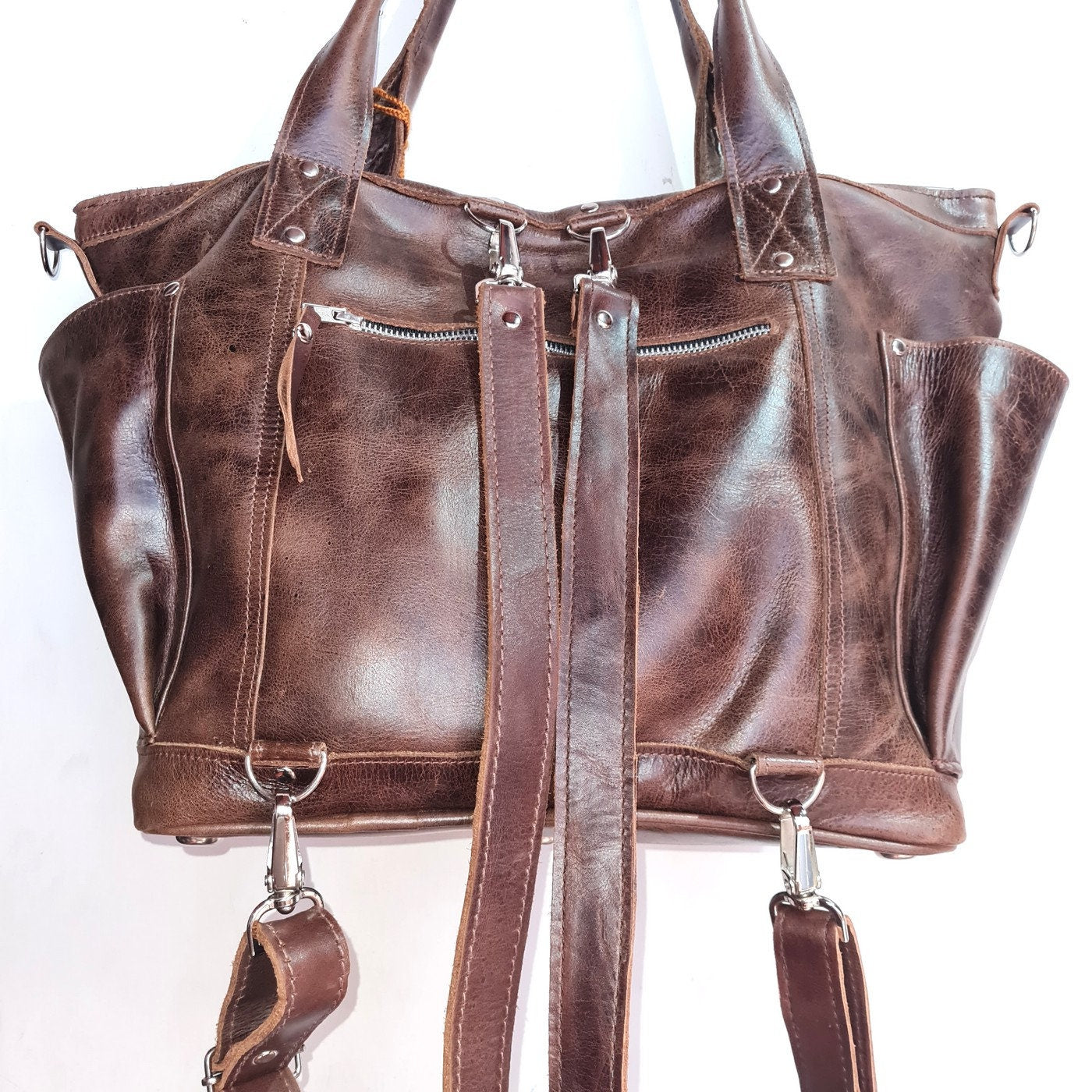 Dark Brown Genuine LEATHER CONVERTIBLE BACKPACK Bag - Aesthetic Full Grain Leather Handles cross body And Handbags