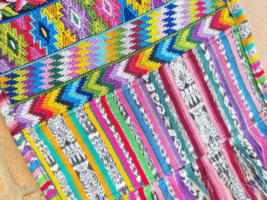 Vintage unique Guatemala handmade weaved cotton silk fringes -Comalapa huipil- birds motives table runner