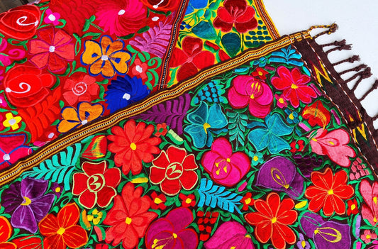 Handmade floral embroidered table runner with tassels -Zacualpa-