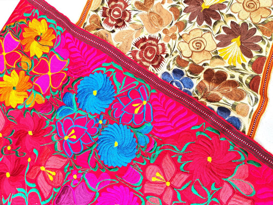 Handmade Floral Embroidered Table RUNNER With Tassels - ZACUALPA-