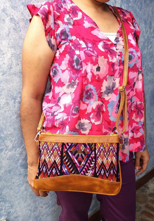 Aesthetic Woman Guatemalan Leather Huipil CROSSBODY Wristlet CLUTCH PURSE - 100% Cotton Lining Purse