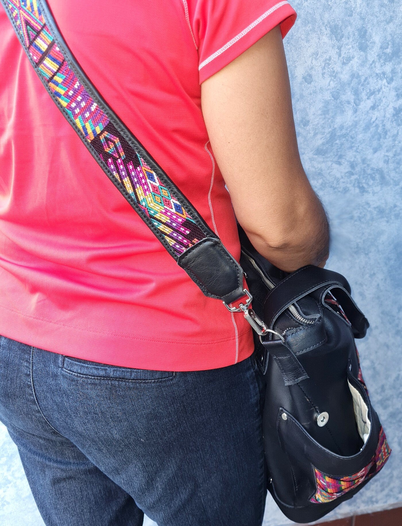 Custom Huipil Pattern Black Genuine LEATHER CONVERTIBLE BACKPACK Bag - Aesthetic Full Grain Leather Handles cross body And Handbags