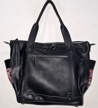 Custom Huipil Pattern Black Genuine LEATHER CONVERTIBLE BACKPACK Bag - Aesthetic Full Grain Leather Handles cross body And Handbags
