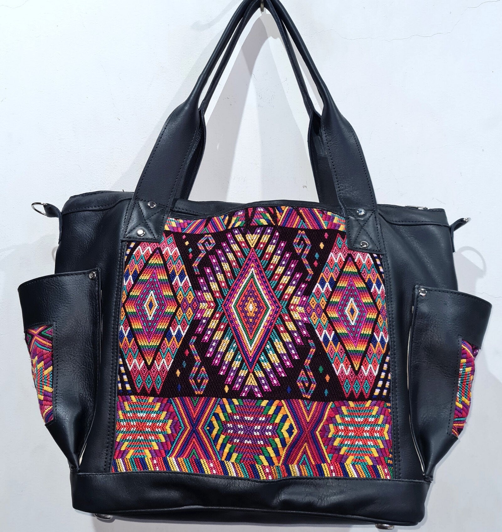 Custom Huipil Pattern Black Genuine LEATHER CONVERTIBLE BACKPACK Bag - Aesthetic Full Grain Leather Handles cross body And Handbags