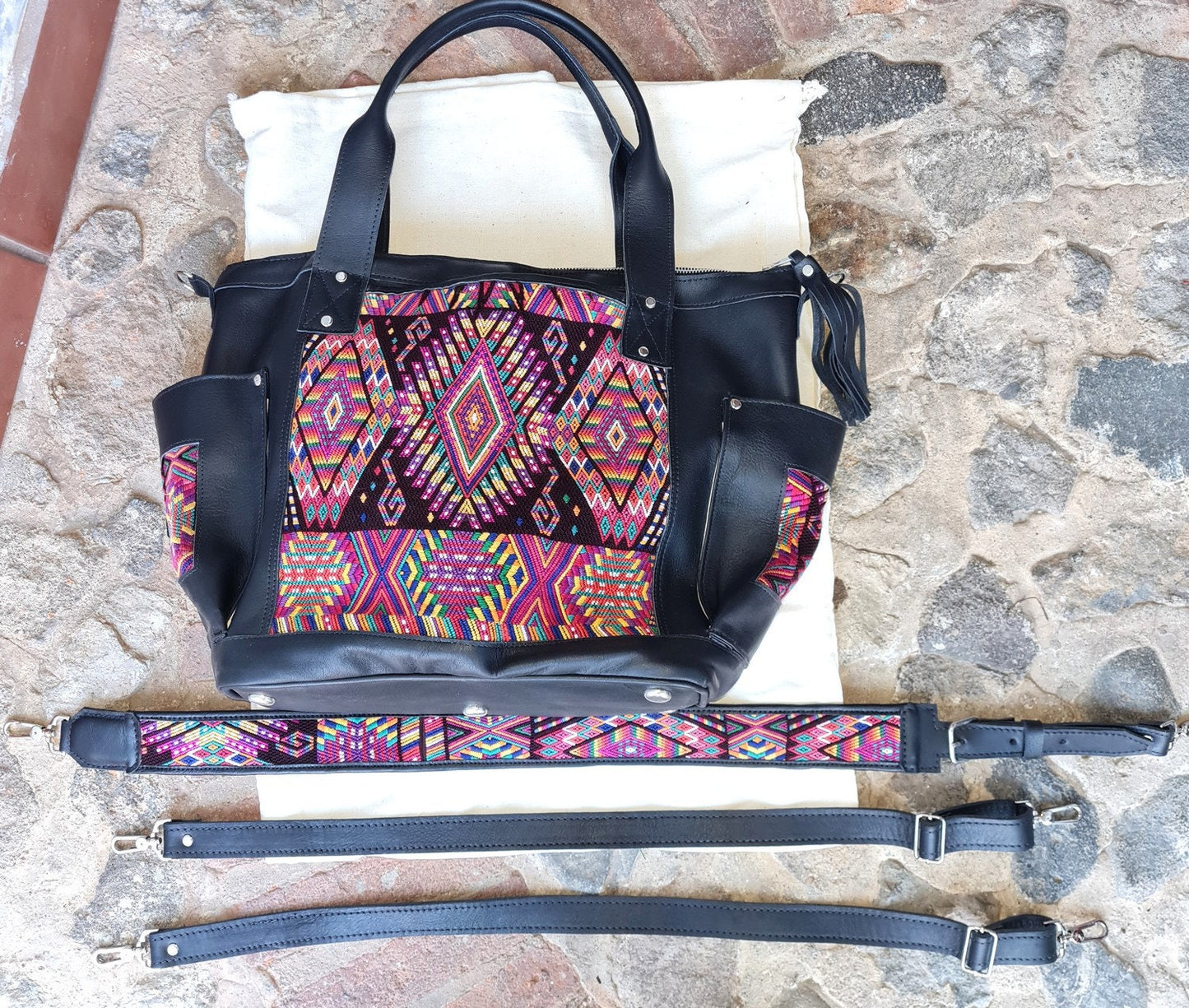 Custom Huipil Pattern Black Genuine LEATHER CONVERTIBLE BACKPACK Bag - Aesthetic Full Grain Leather Handles cross body And Handbags