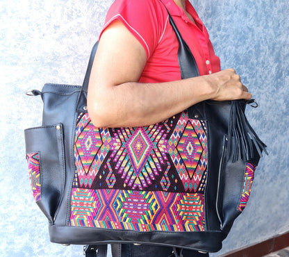 Custom Huipil Pattern Black Genuine LEATHER CONVERTIBLE BACKPACK Bag - Aesthetic Full Grain Leather Handles cross body And Handbags