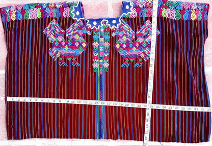 Vintage Guatemalan unique handmade weaved cotton Burgundy -Roosters and birds- huipil -Santo Domingo Xenacoj-