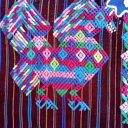 Vintage Guatemalan unique handmade weaved cotton Burgundy -Roosters and birds- huipil -Santo Domingo Xenacoj-
