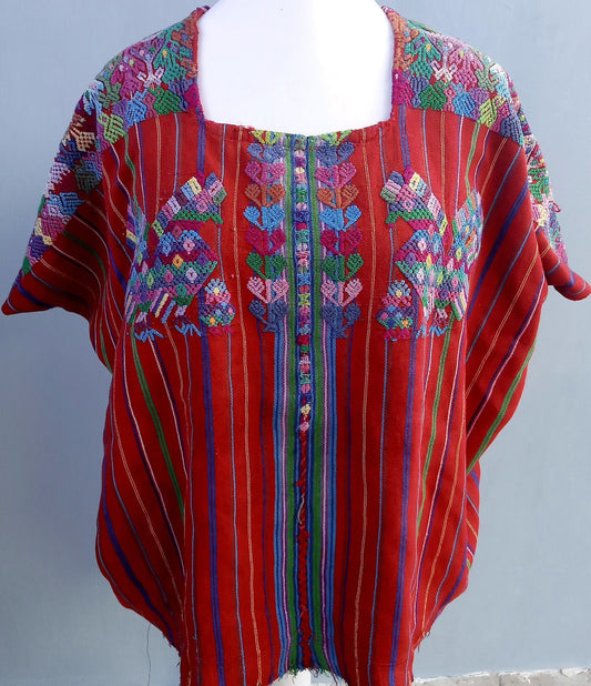 Vintage Guatemalan Unique Handmade Weaved Cotton RED Color -Mayan ROOSTERS Santo Domingo XENACOJ huipil-