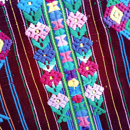 Vintage Guatemalan unique handmade weaved cotton Burgundy -Roosters and birds- huipil -Santo Domingo Xenacoj-