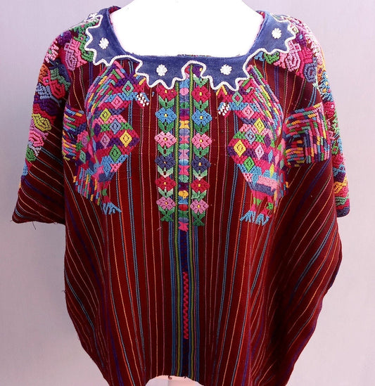 Vintage Guatemalan unique handmade weaved cotton Burgundy -Roosters and birds- huipil -Santo Domingo Xenacoj-
