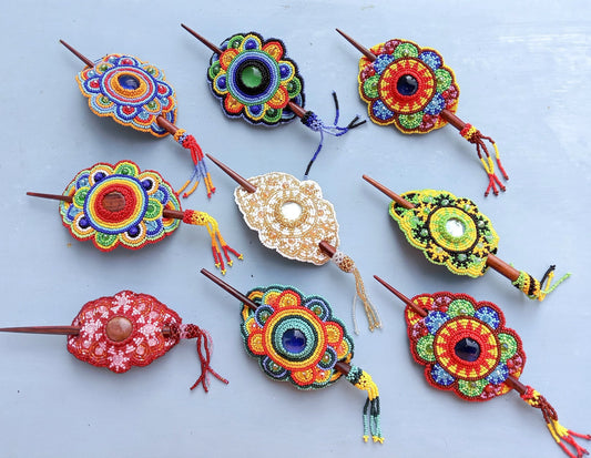 Czech Seed BEADS Hair Accessory CLIP BARRETTE Guatemala With Wooden Stick For Women - Aesthetic Leather Hair Stick Barret Clip
