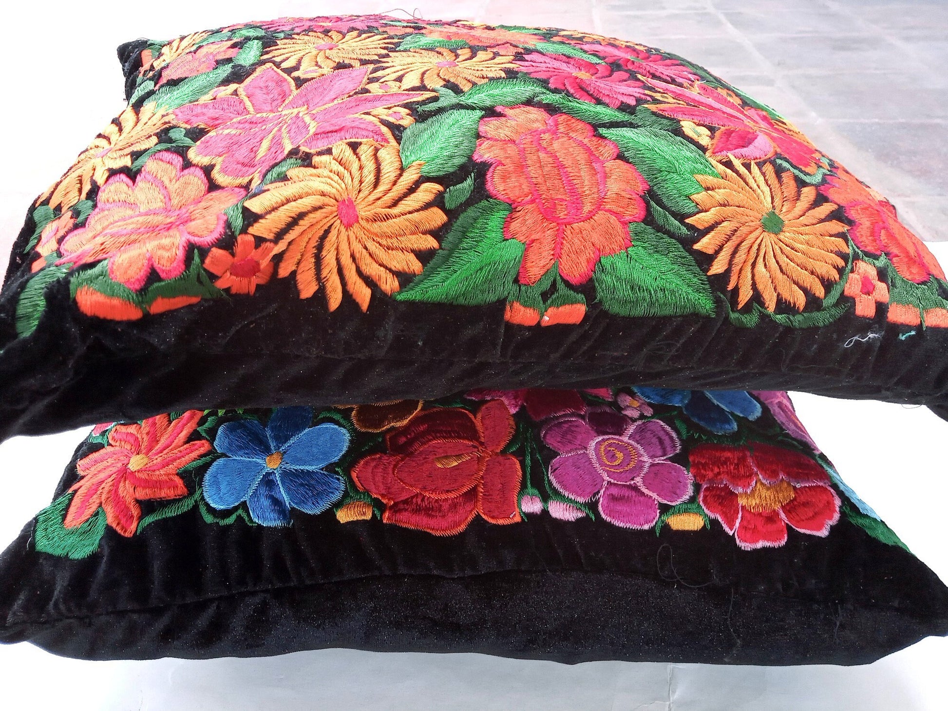 Velvet Guatemala embroidery - Floral- huipil pillow case cushion cover 18x18 16x16 17x17 14x18
