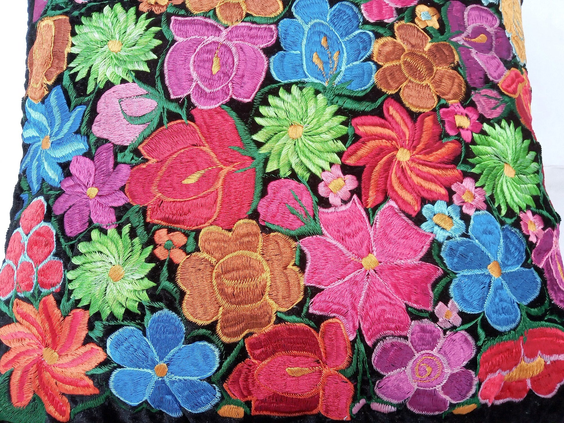 Velvet Guatemala embroidery - Floral- huipil pillow case cushion cover 18x18 16x16 17x17 14x18