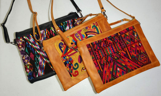 Aesthetic Woman Guatemalan Leather Huipil CROSSBODY Wristlet CLUTCH PURSE - 100% Cotton Lining Purse