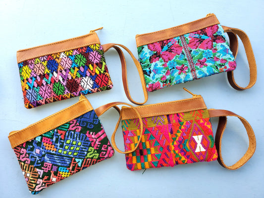 Guatemalan upcycled huipil double sided coin purse leather trim
