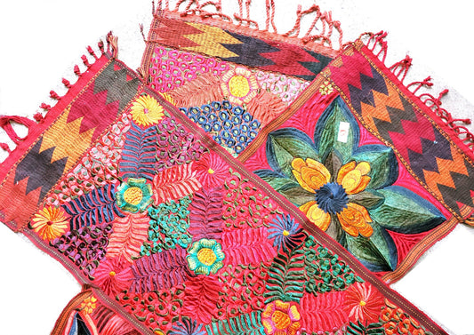 Handmade RUST Dyed Floral embroidered table RUNNER with tassels - ZACUALPA